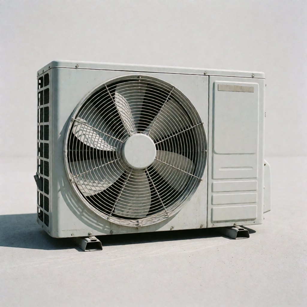 Gray outdoor air conditioning unit on a concrete floor, with visible fan and shadow cast.
