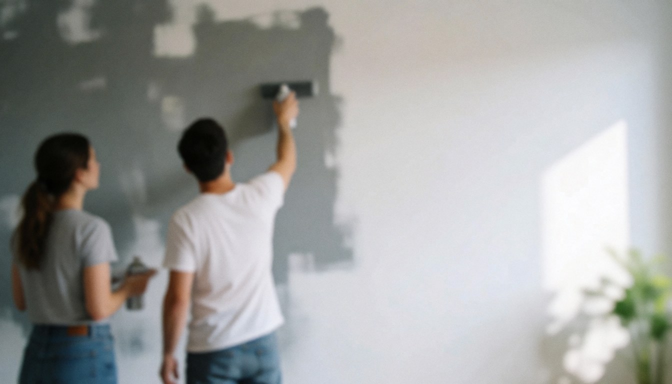 A couple paints a wall with a roller and brush in a room with natural light.