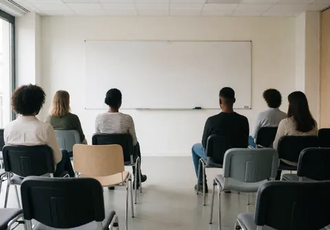 Group of people seated in chairs facing a whiteboard in a modern training room.
