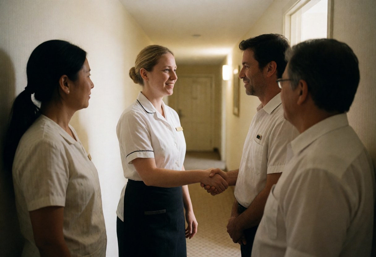 A smiling hotel employee shakes hands with a guest at the reception desk while another staff member observes in a warm professional setting