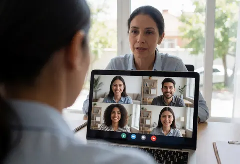 Female instructor conducting a virtual class with four smiling students on screen in a home office with natural light