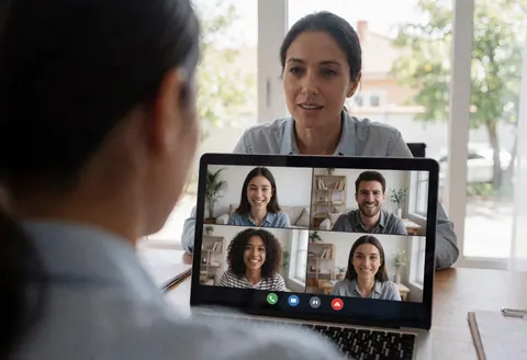 Female instructor conducting a virtual class with four smiling students on screen in a home office with natural light