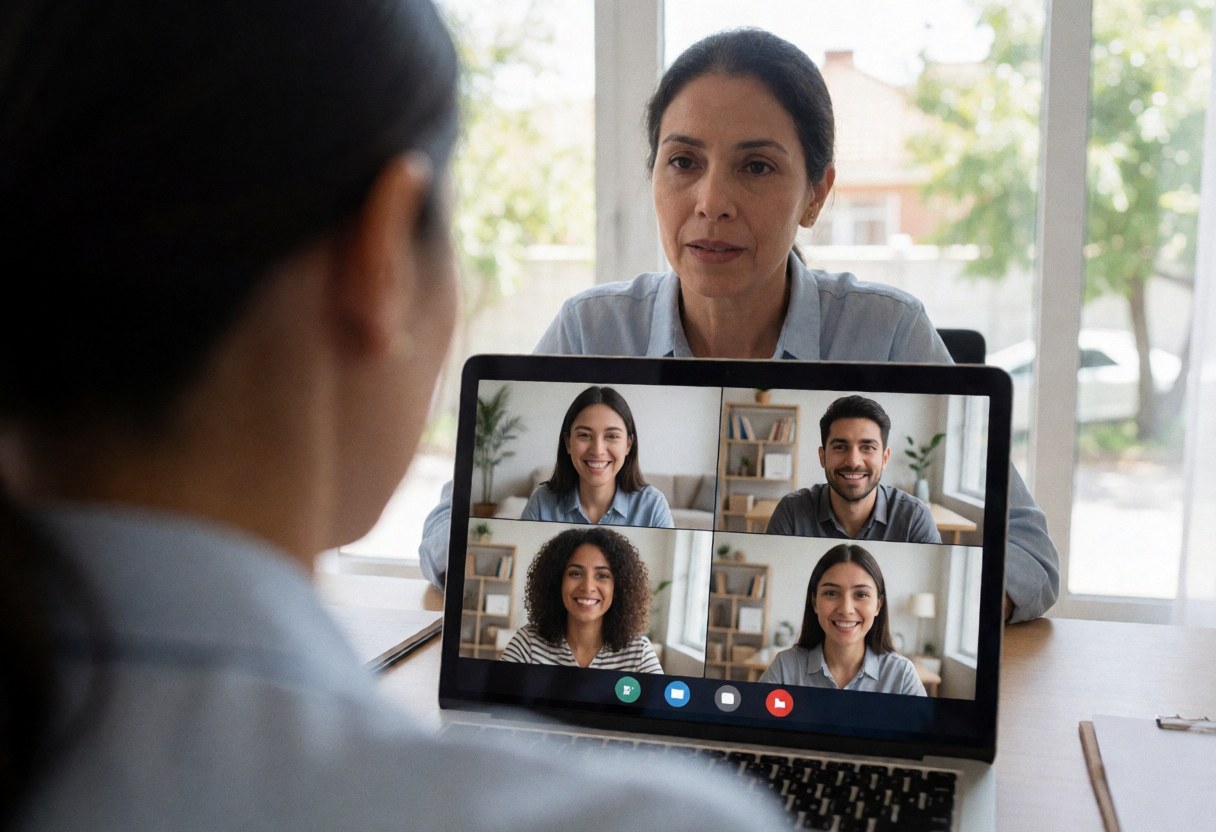 Female instructor conducting a virtual class with four smiling students on screen in a home office with natural light