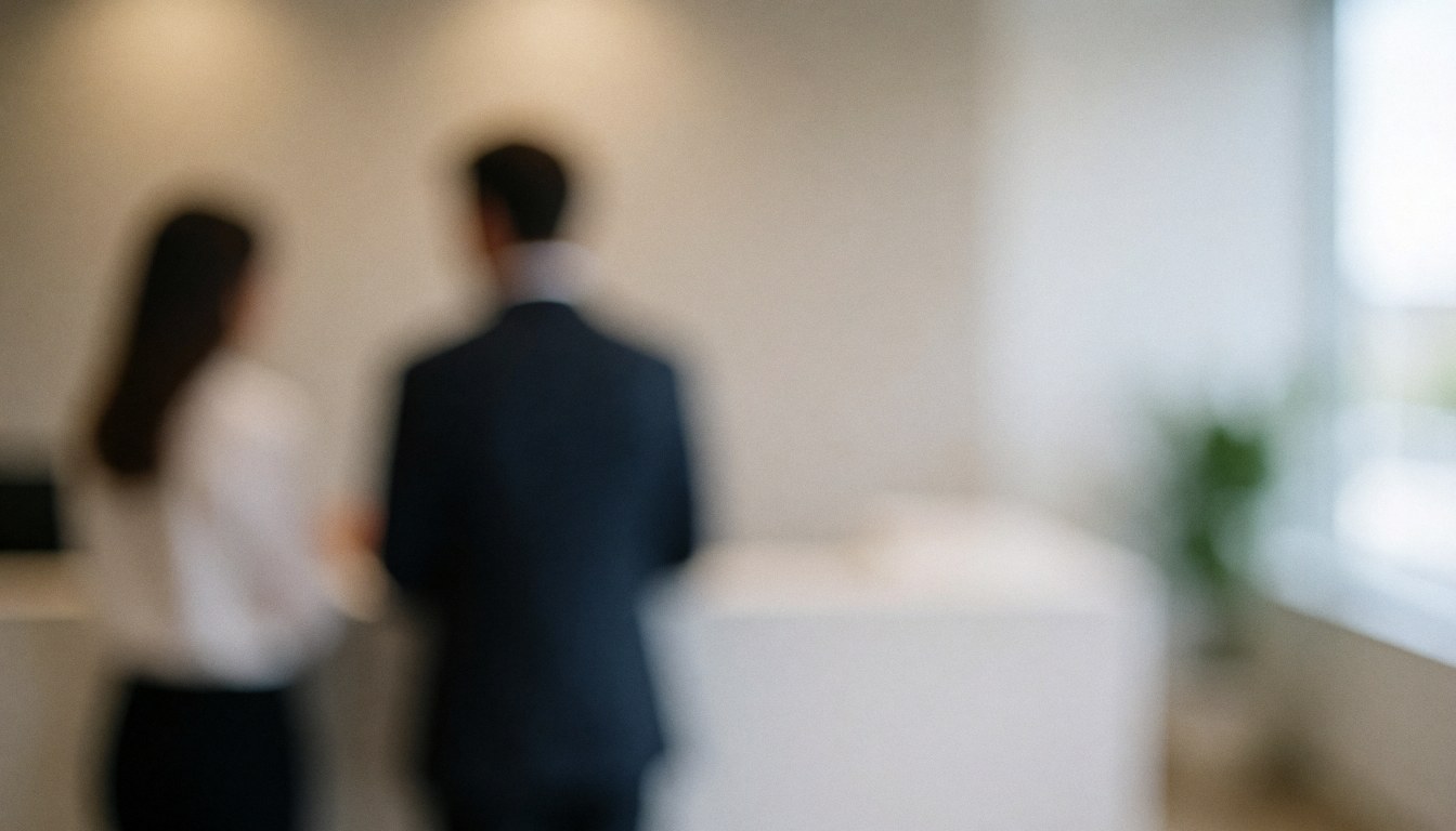 Blurred office reception background with two people facing away, light walls, and ample text space in the center and right areas