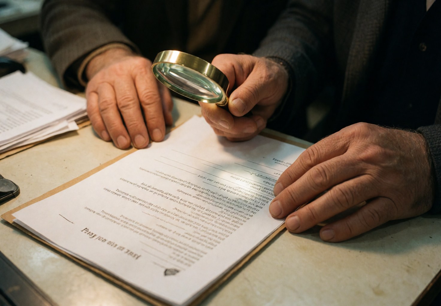 Close-up of an older man's hand holding a magnifying glass over a business contract on a wooden office desk with warm natural lighting