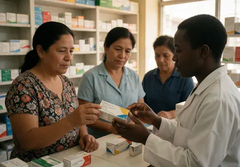 Pharmacist consulting with a female customer about a medication in a pharmacy with medicine shelves in the background