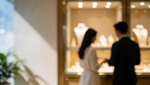 Blurred jewelry store background featuring illuminated glass display cases with golden bokeh lights and empty space on the left for text overlay