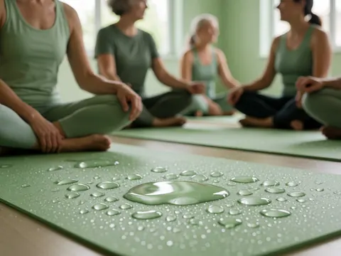 Water droplets glisten on a green yoga mat while several people practice yoga in the background.
