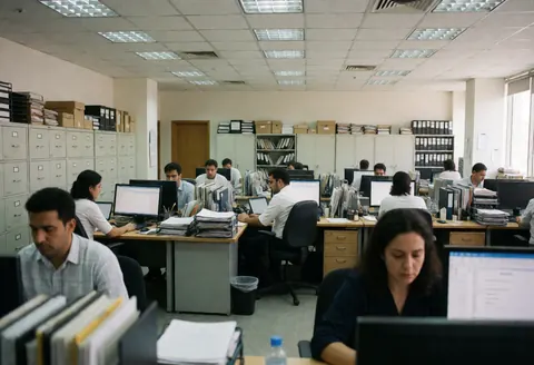 Several employees working at their desks with computers in an office with filing cabinets and papers.