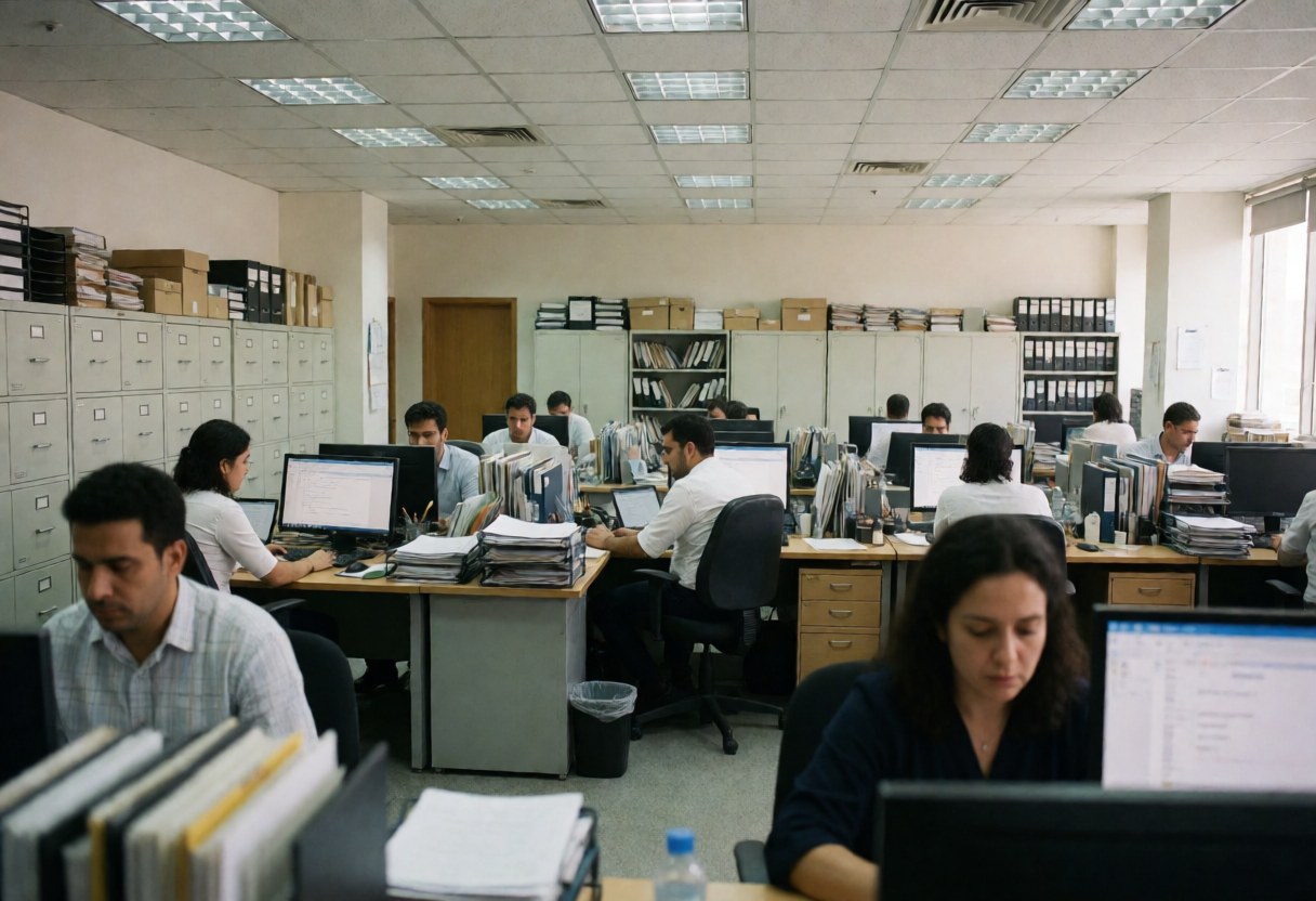 Several employees working at their desks with computers in an office with filing cabinets and papers.