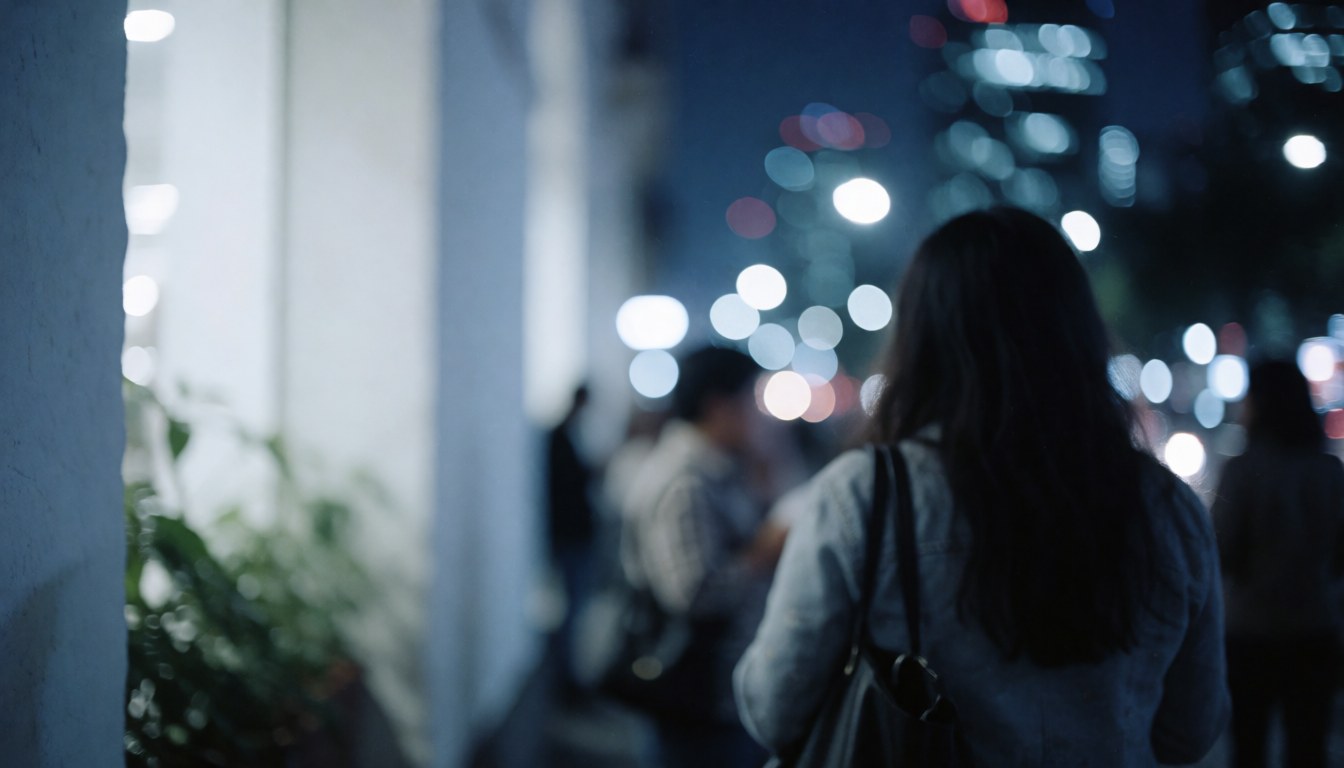 A woman walks down an urban street at night, with blurred background lights and buildings beside her.