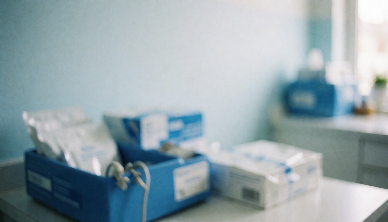 Medical equipment and supplies on a clinic table with blue walls.