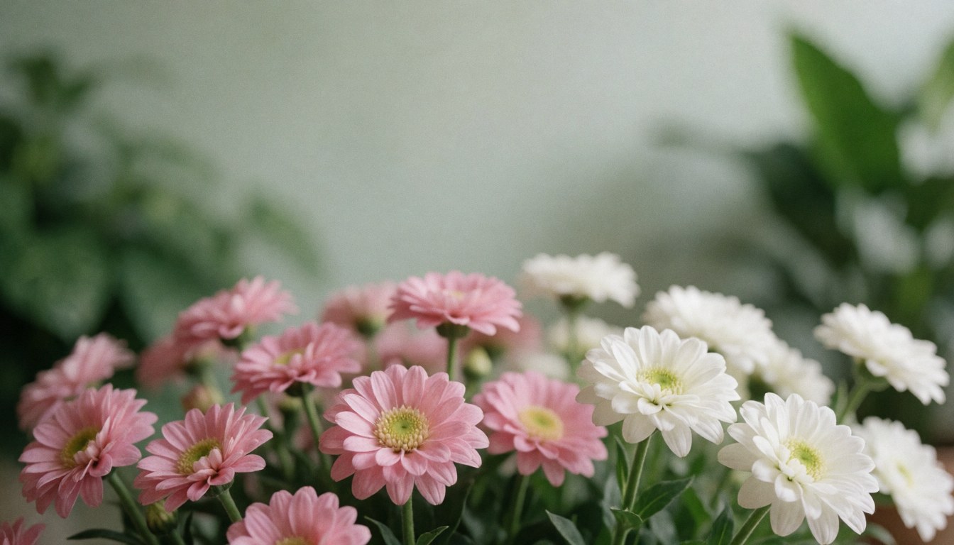 Pink and white flowers in pot, with green leaves and blurred background.