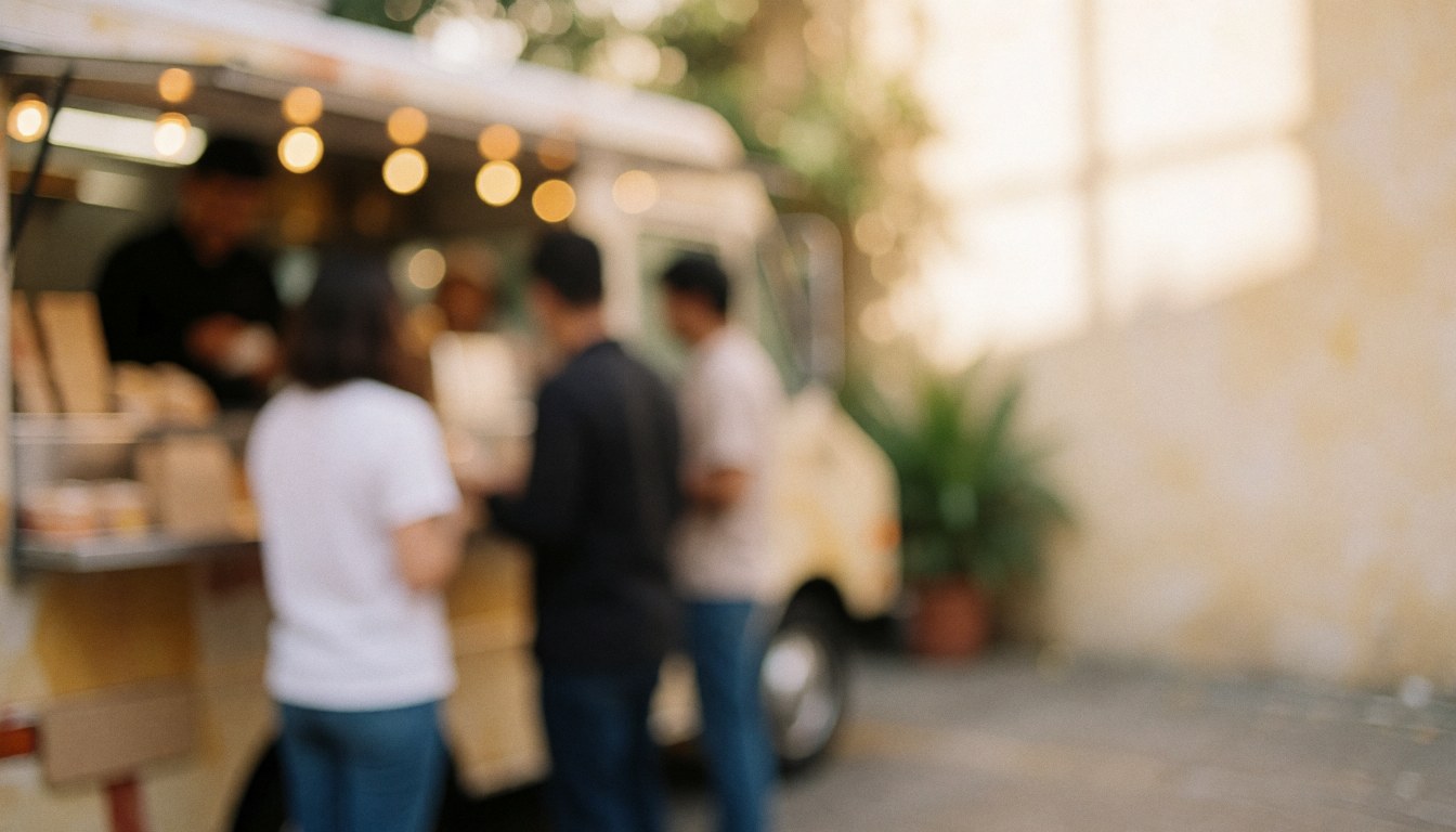 Customers with backs to camera ordering food at a food truck with warm bokeh on the street.
