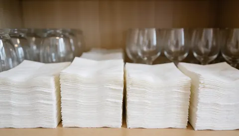 White napkins and crystal glasses arranged on a clean surface, ideal for wedding and event text backgrounds