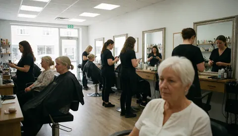 Several people working in a hair salon, stylists attending seated clients wearing black capes.