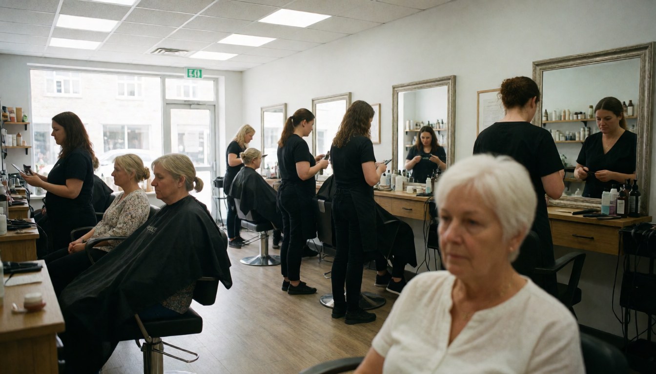 Several people working in a hair salon, stylists attending seated clients wearing black capes.