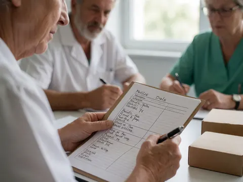 Three professionals in a clinic review a nutrition plan on a table with notebooks and pens.