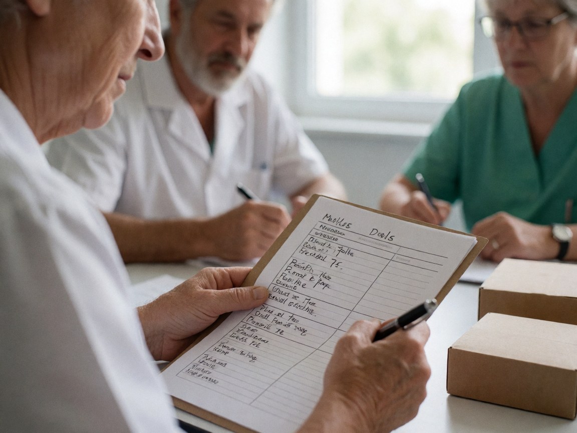 Three professionals in a clinic review a nutrition plan on a table with notebooks and pens.