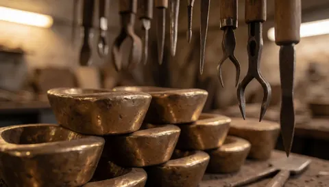 Bronze ingots on a workshop table with hanging tools, in a manual labor environment.