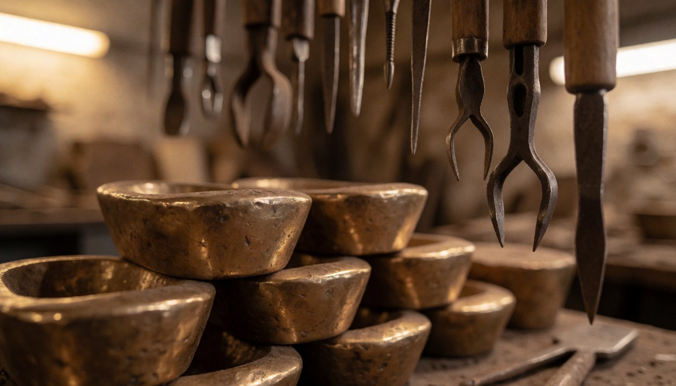 Bronze ingots on a workshop table with hanging tools, in a manual labor environment.