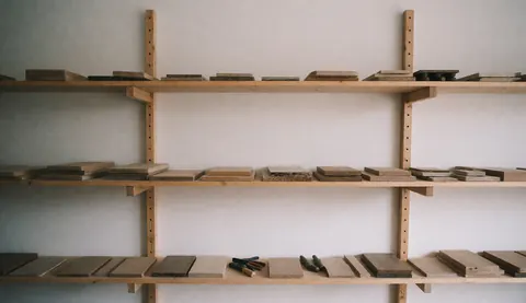 Wooden shelves displaying wood samples for carpentry and interior design projects.