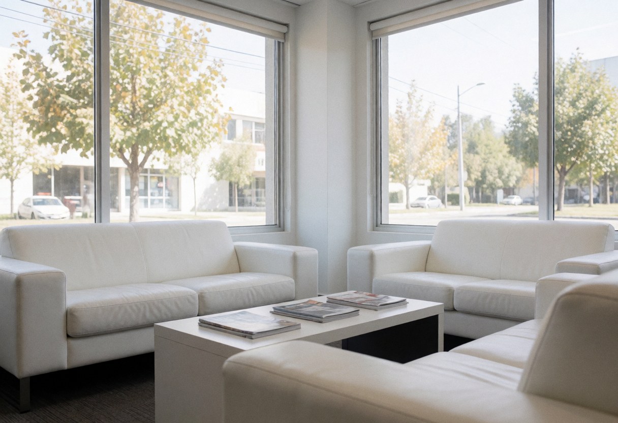 Modern waiting room with white sofas and coffee table, large windows overlooking the street.