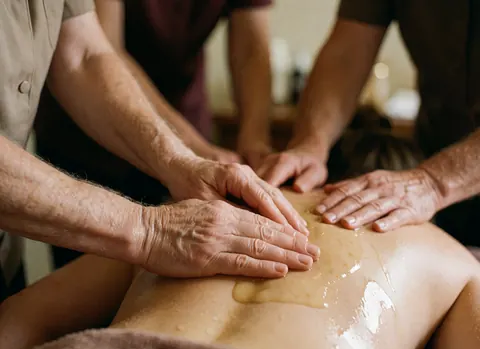 Therapists' hands applying oil to a person's back in a spa center.