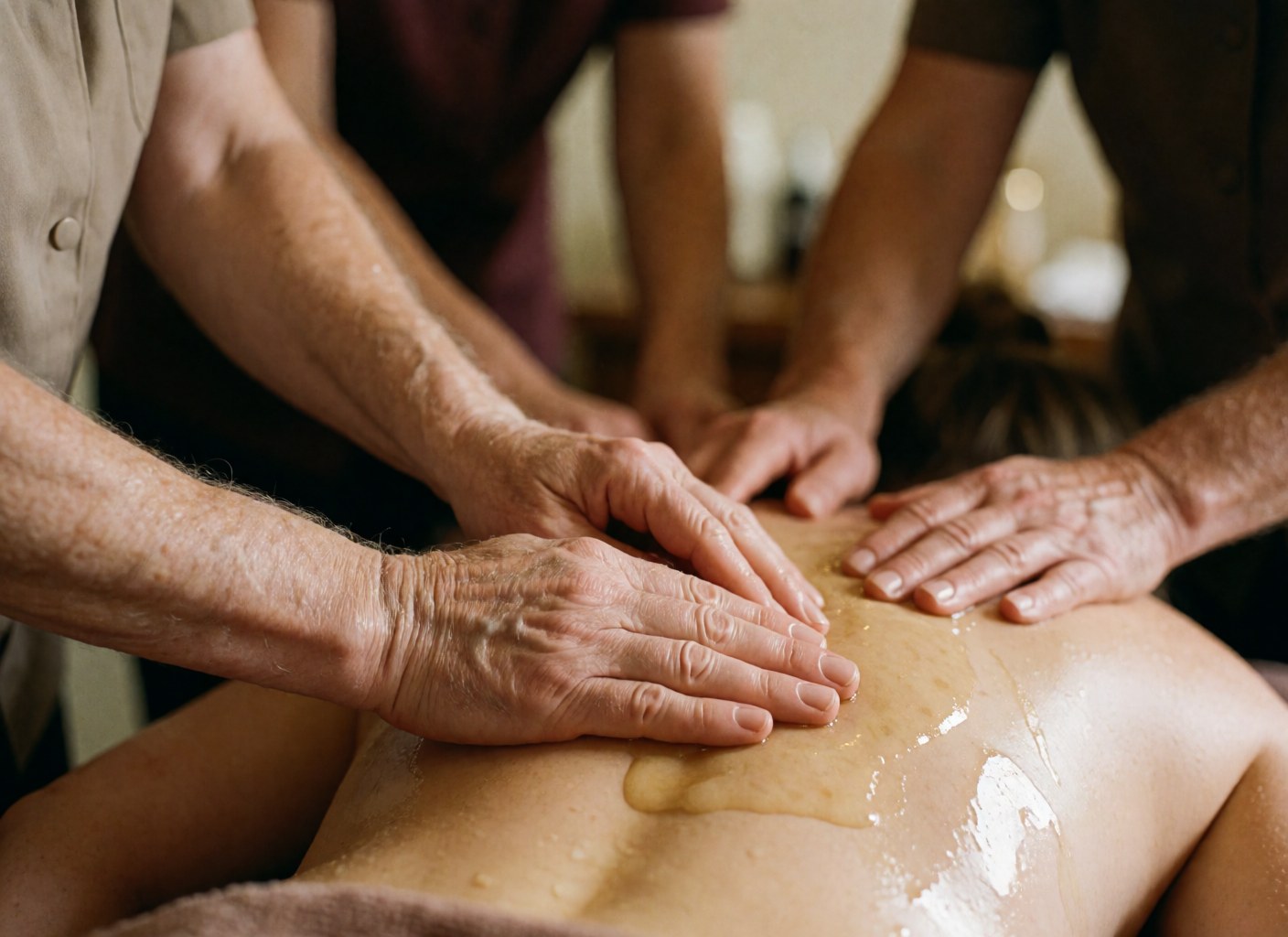 Therapists' hands applying oil to a person's back in a spa center.