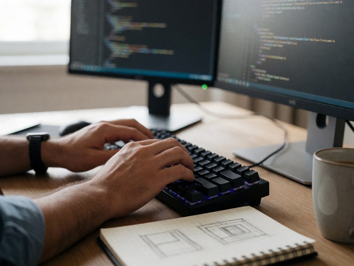 Hands typing code on a computer keyboard with two monitors and a coffee cup on a wooden desk.