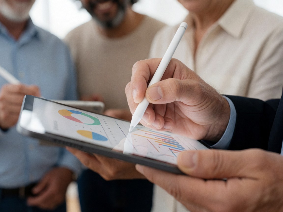 A hand draws graphs on a tablet while others attentively observe the data on screen.