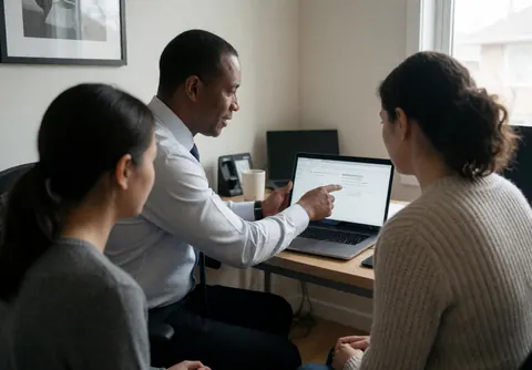 Tech expert explaining on a laptop to two people in an office.