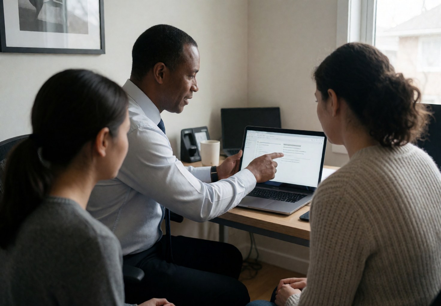 Tech expert explaining on a laptop to two people in an office.