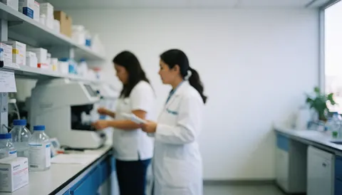 Two professionals working in a clean clinical laboratory with medical equipment and samples