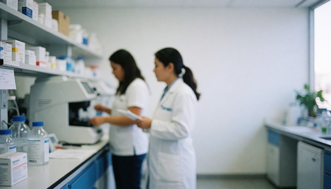 Two professionals working in a clean clinical laboratory with medical equipment and samples