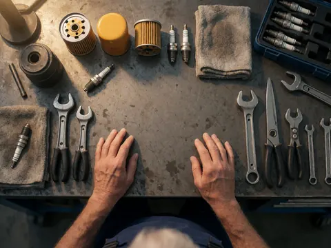 Top view of mechanic workshop tools on a workbench with adult hands and spare parts like filters and spark plugs