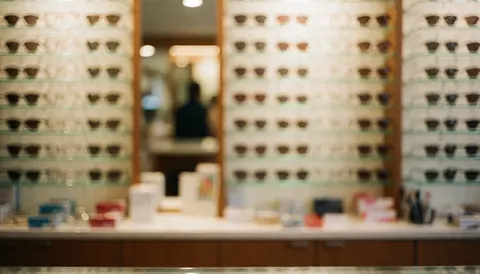 Soft focus background of an optical shop featuring eyeglass shelves and a counter with copy space at the top