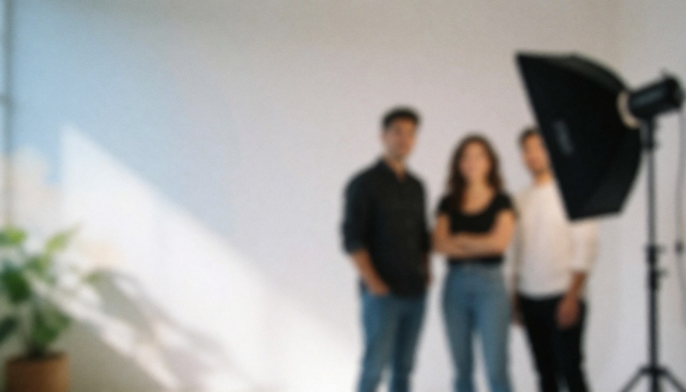 Three people standing in a photography studio with white background and studio lighting.