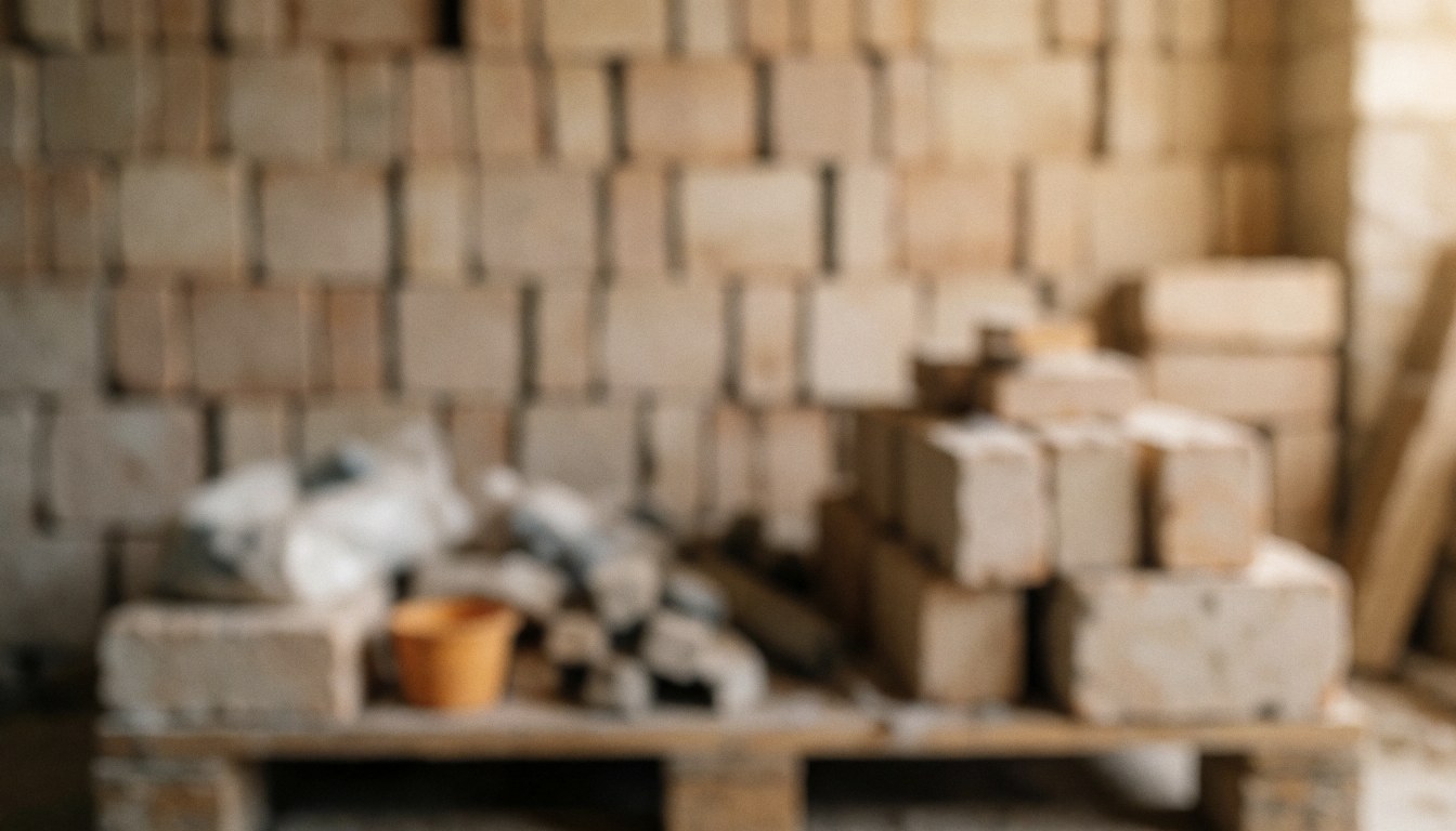 Stack of bricks and construction materials in a construction warehouse.
