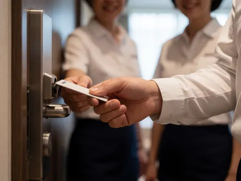 A hand inserts a hotel key card into a modern lock, with smiling receptionists in the background at a hotel.