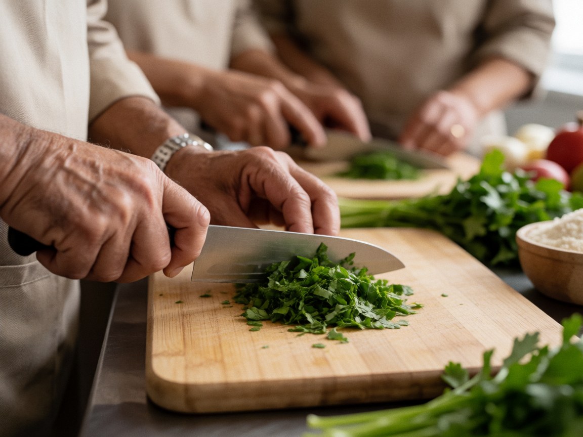 Adults' hands chopping fresh green herbs on a wooden cutting board in a professional kitchen.