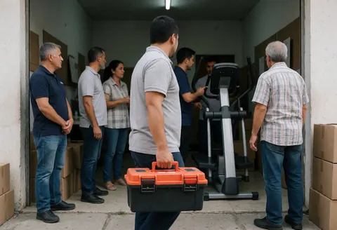 Technician carrying tool box installs gym equipment while other workers observe in a facility.