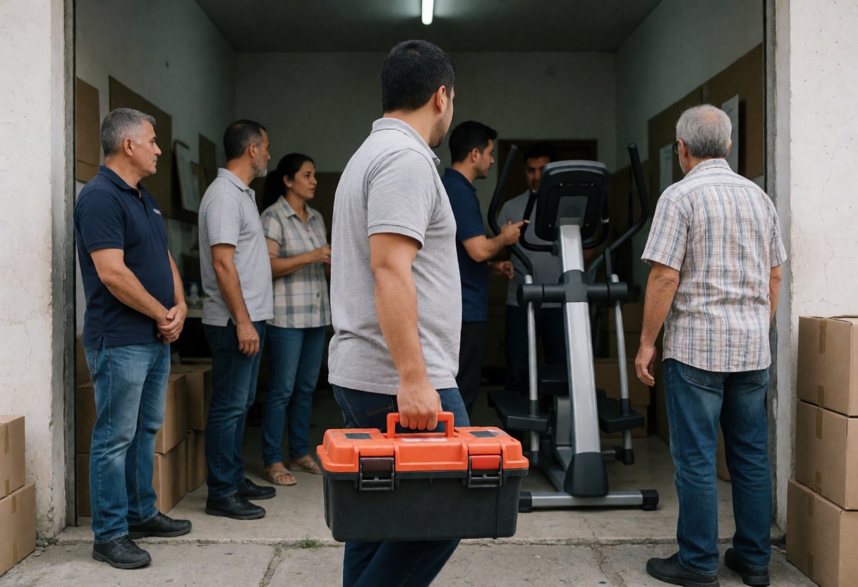 Technician carrying tool box installs gym equipment while other workers observe in a facility.