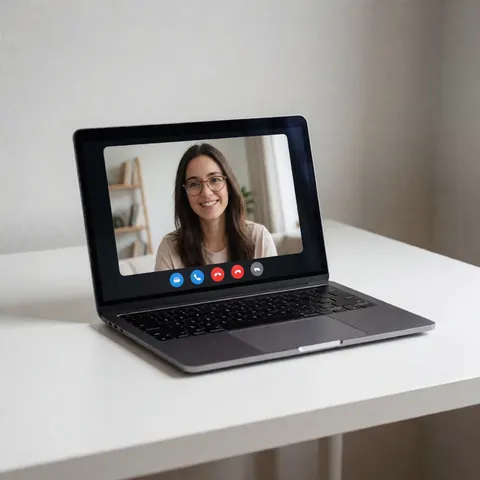 A laptop on a white desk showing a video call with a smiling woman.