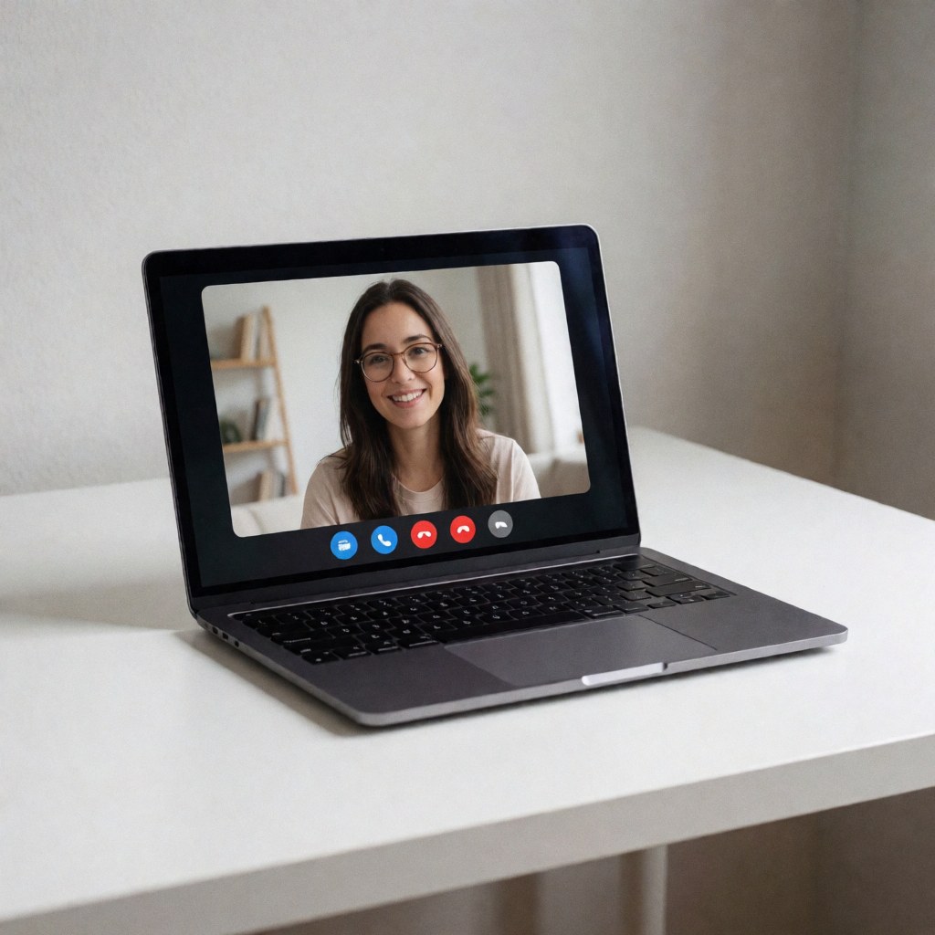 A laptop on a white desk showing a video call with a smiling woman.