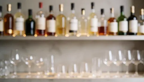 Out of focus shelves displaying liquor bottles and wine glasses, serving as a textured background for bar and cocktail business advertisements