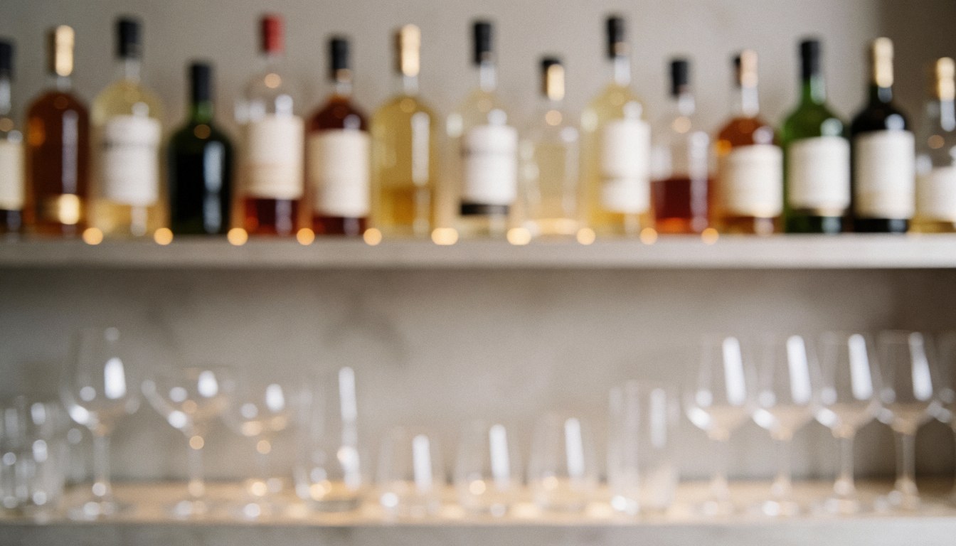 Out of focus shelves displaying liquor bottles and wine glasses, serving as a textured background for bar and cocktail business advertisements