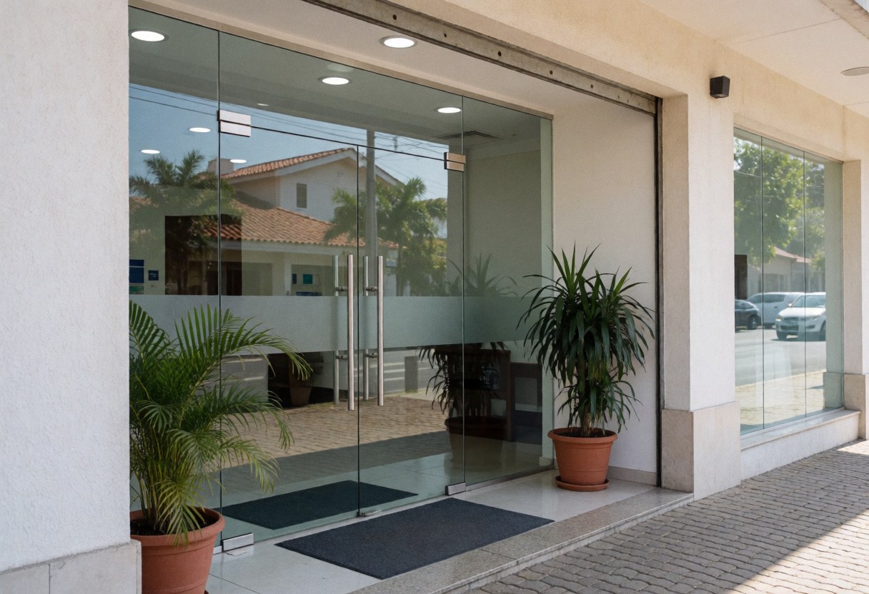Business entrance with glass doors, potted plants, and dark doormats at the threshold.