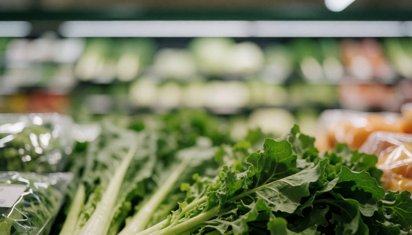 Fresh vegetables on shelf in minimarket, with green leaves and plastic bags.