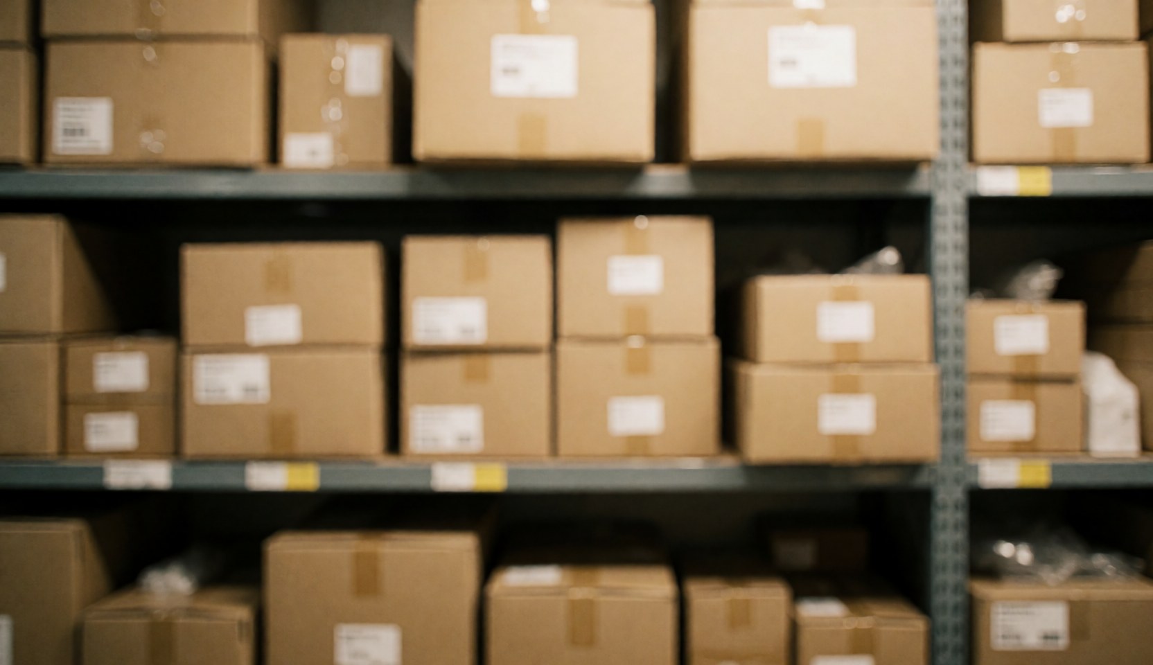 Shelves with cardboard boxes ready for shipping in a logistics warehouse.